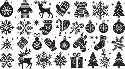 A vector set of Christmas icons and animal silhouettes for holiday decoration