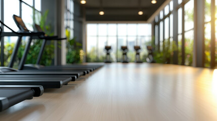 Modern gymnasium featuring sleek treadmills and large windows, creating bright and inviting atmosphere