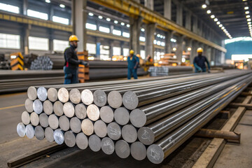 Silver metal bars exhibit industrial texture, stacked in factory setting with bright lighting, suitable for manufacturing or industrial backdrops.
