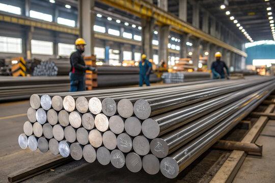 Silver metal bars exhibit industrial texture, stacked in factory setting with bright lighting, suitable for manufacturing or industrial backdrops.