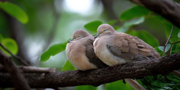 A pair of doves sleeping in a tree in a quiet valley