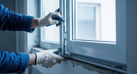 Window installation worker's hands adjusting a white frame, blue workwear