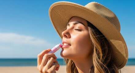 Woman applies lip balm outdoors