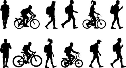 Obraz premium Silhouettes of People Walking and Biking