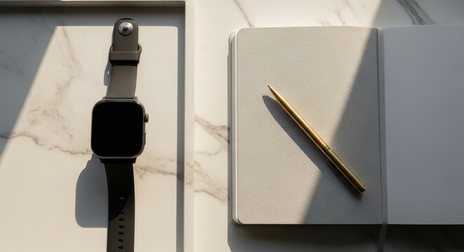 Elegant flat lay of a smartwatch mockup on a marble tray beside a notebook and a gold pen. - Powered by Adobe