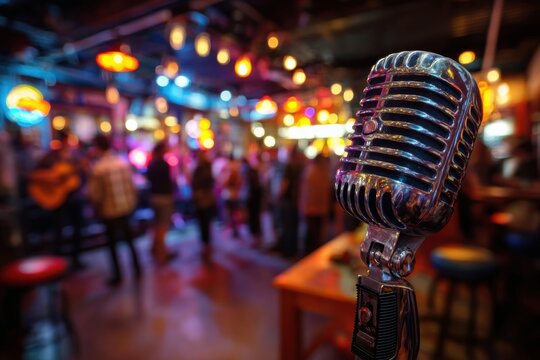 Vintage Microphone at Lively Nightclub with Colorful Lights