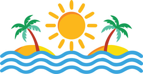 Colorful cartoon tropical island scene with palm trees and sun