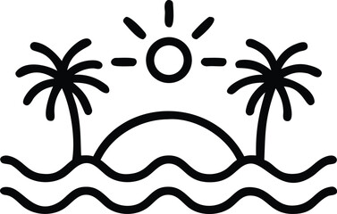Simple black line drawing of a tropical island paradise.