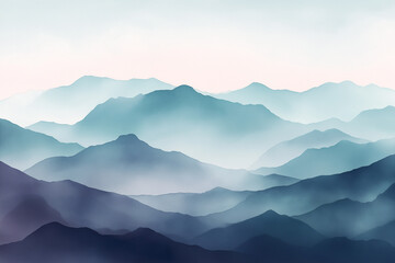 Obraz premium Layered mountain landscape in watercolor style with soft mist and gradient sky