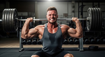 A powerful weightlifter straining with intense effort during a heavy overhead barbell press.