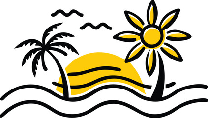 Simple Line Art Illustration of a Tropical Island Scene