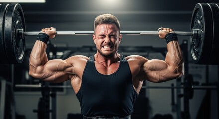 Muscular man straining with intense effort while lifting a heavy barbell overhead in a gym