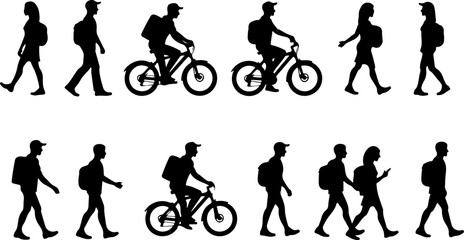 Naklejka premium Silhouettes of People Walking and Biking