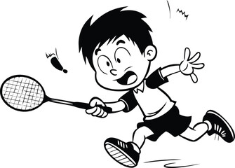Energetic Cartoon Boy Playing Badminton