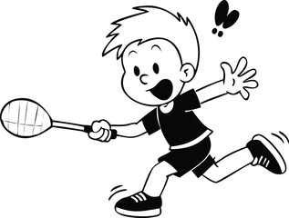 Energetic Cartoon Boy Playing Badminton