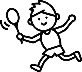 Cute cartoon boy playing badminton, ready to hit the shuttlecock.