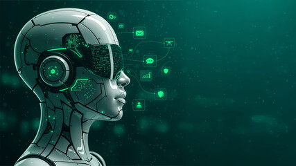 Futuristic Ai Agent Robot with Digital Workflow Interface and Automation Icons in Neon Green Sci-fi Environment