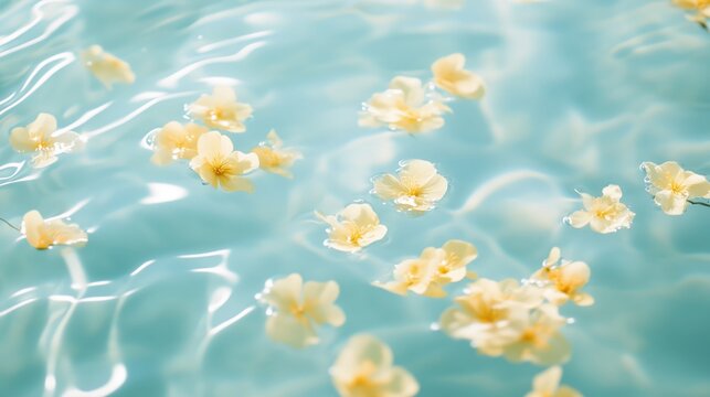 Dozens of tiny yellow flowers floating on the surface of clear, pale blue water. Soft sunlight reflects gently across the water, creating delicate ripple patterns.