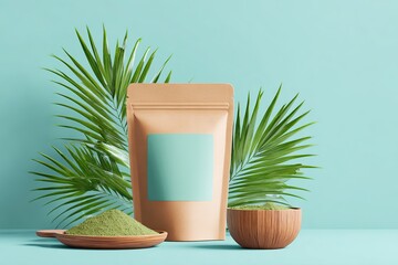 Healthy algae snack package displayed against a mint backdrop with green elements