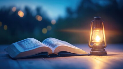 Open Book Beside Glowing Lantern on a Wooden Table in a Serene Evening Setting