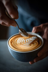 Masterful Barista Crafts Intricate Latte Art: A Journey into the Art and Skill of Creating Beautiful Coffee Designs by a Talented Barista
