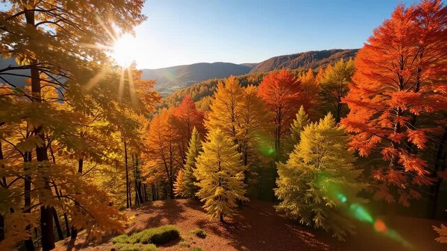 Stunning 4K aerial footage of vibrant autumn trees in Germany's Black Forest, Baar region on a sunny day, perfect for travel and nature projects
