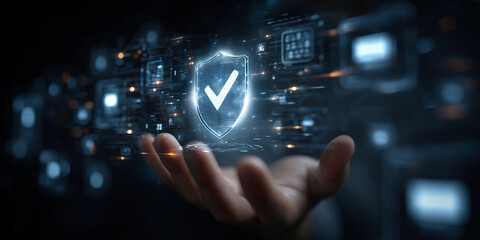 Work safety concept. Businessman show the icon of safety at workplace sour rounded by safety first, protections, health, regulations and insurance. Working standard process. Zero accidents.