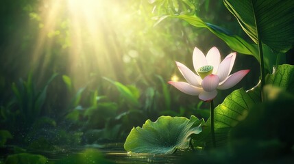 Serene Lotus Flower Blooming Amidst Lush Greenery with Sunlight Filtering Through Leaves