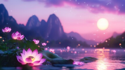 Serene Lotus Flowers Blooming in Tranquil Lake with Radiant Sunset Behind Mountains