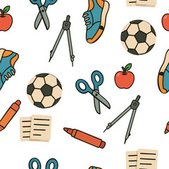 Seamless school-themed pattern featuring sneakers, apple, paper sheets, compass – perfect for back-to-school designs, stationery, kids' products, and educational materials