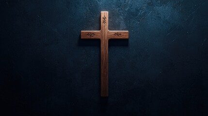 Wooden Cross on Textured Dark Blue Background with Sparkling Elements Creating a Serene and Contemplative Atmosphere
