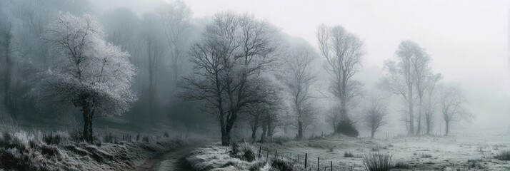 Serene Winter Landscape with Frosty Trees and Misty Atmosphere