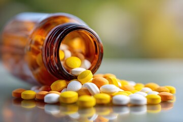 Close-up view of a brown pill with varied colored tablets scattered around in natural light