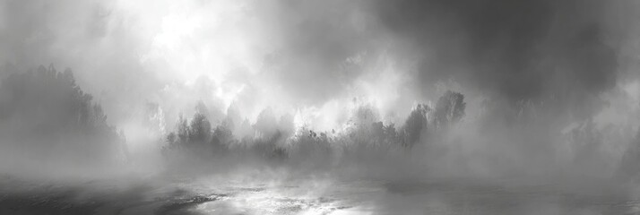 Obraz premium Ethereal Black and White Landscape with Mist and Dramatic Clouds