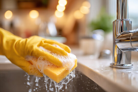 Bright yellow gloved hand scrubbing a soapy sponge at a kitchen sink during daylight hours