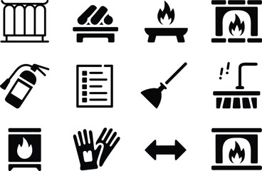 Modern Fireplace Safety Icons: Fire Extinguisher, Gloves, Checklist, and Two-Way Arrows.
