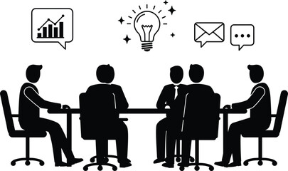 Business team meeting vector, brainstorming session, idea sharing, office communication, growth strategy planning, email messaging, professional collaboration, black silhouette.