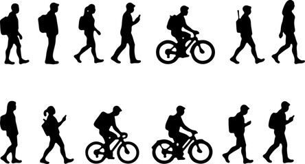Fototapeta premium Silhouettes of People Walking and Biking