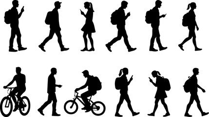 Obraz premium Silhouettes of People Walking and Biking