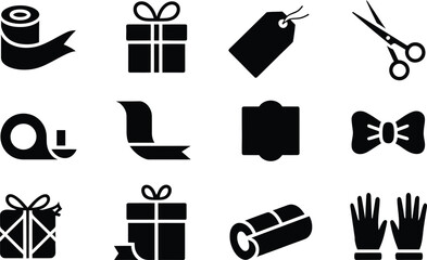 Gift Wrapping Supplies: Black Glyph Icons, Simple Style, Craft Mood