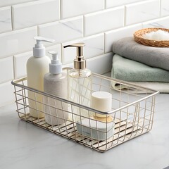 Bathroom counter with metal basket holding various personal care items