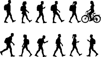 Obraz premium Silhouettes of People Walking and Biking