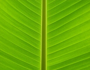 Close-up of a vibrant green banana leaf, showcasing parallel veins