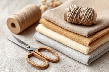Neutral fabric flat lay with sewing supplies and wooden scissors for creative projects