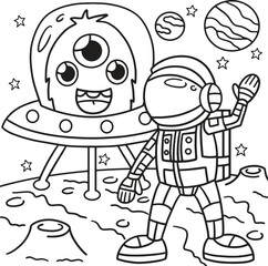 Fototapeta premium Coloring Book Kids Cartoon astronaut waving hello to a friendly alien in a flying saucer on a desolate planet with stars and planets in the background