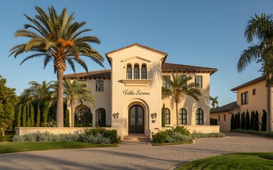 Fototapeta premium Elegant Mediterranean Villa Serena Estate with Lush Landscaping and Palm Trees Keywords: villa serena, mediterranean villa, luxury estate, upscale residence, spanish architecture, tuscan style