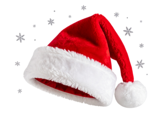  Stylized Red Santa Hat Floating Mid-Air with Light Snowflakes, Side Angle, Isolated PNG