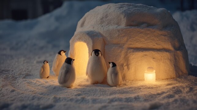 A penguin family huddled under a softly glowing igloo at night