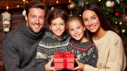 Family celebrating Christmas with a gift exchange in a cozy decorated home