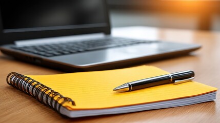 Laptop computer with a yellow notepad and pen on a wooden desk in a modern workspace